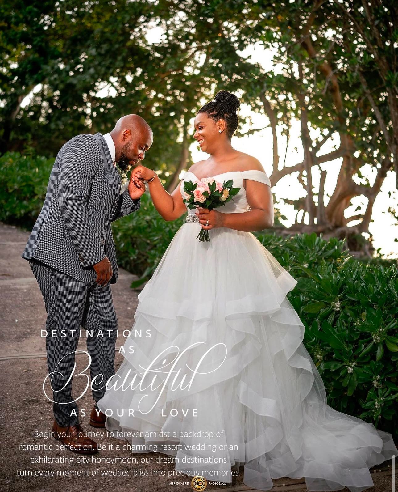 Romantic wedding couple poses together in a lush garden setting during golden hour.
