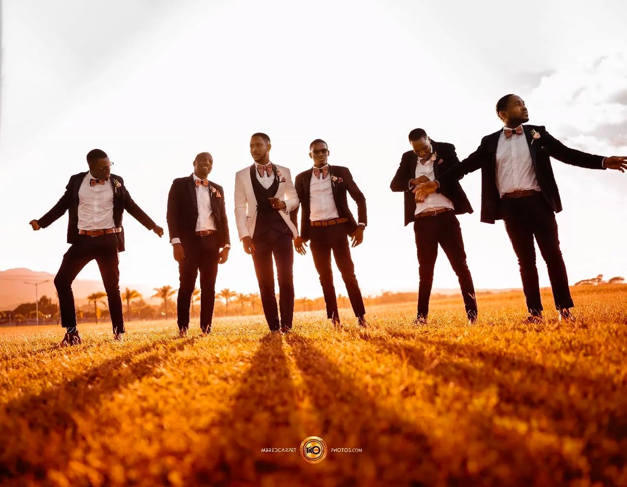 Wedding party poses in silhouette against golden sunset in grassy field.