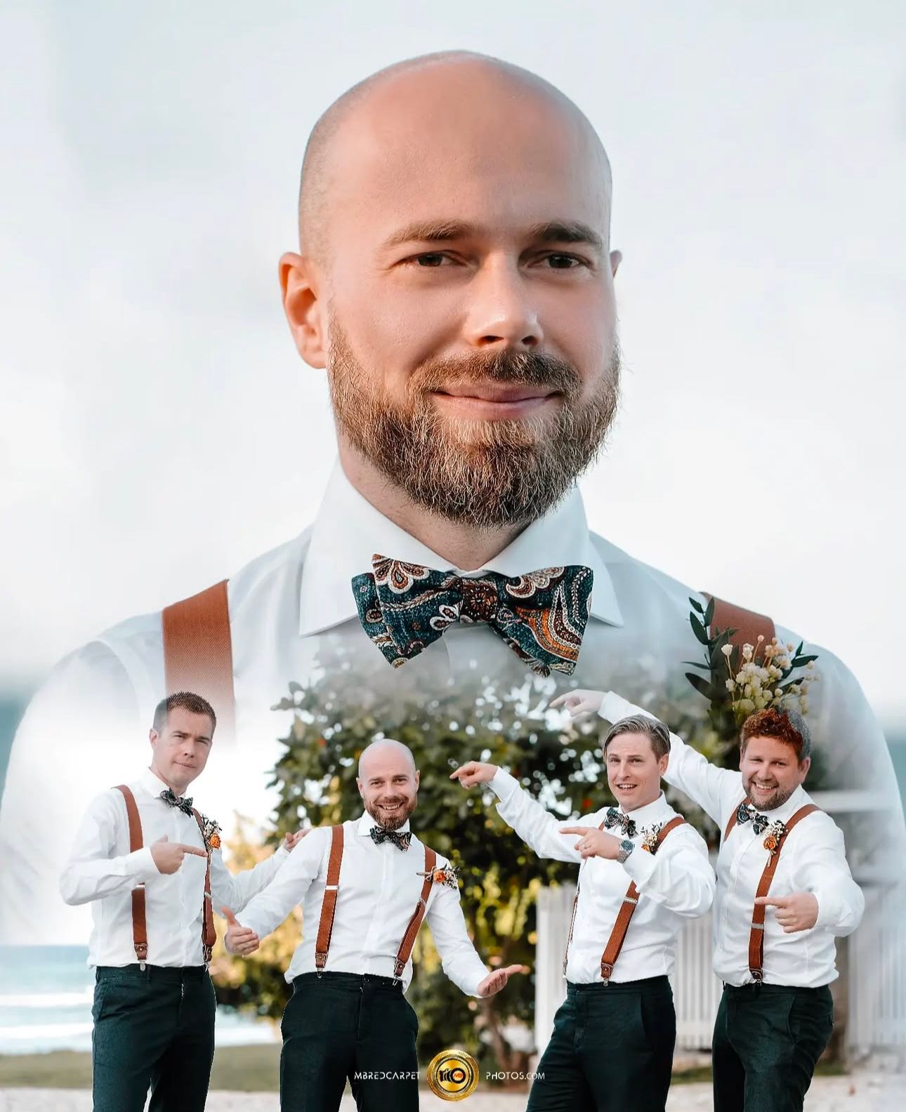 Groomsmen in suspenders and bowties pose together outdoors.