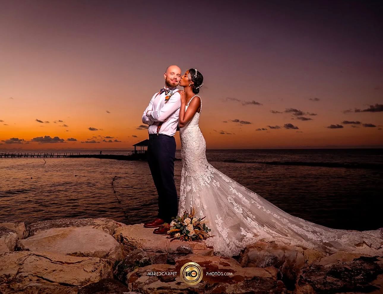 Romantic beach wedding photography sequence at sunset with dramatic sky.