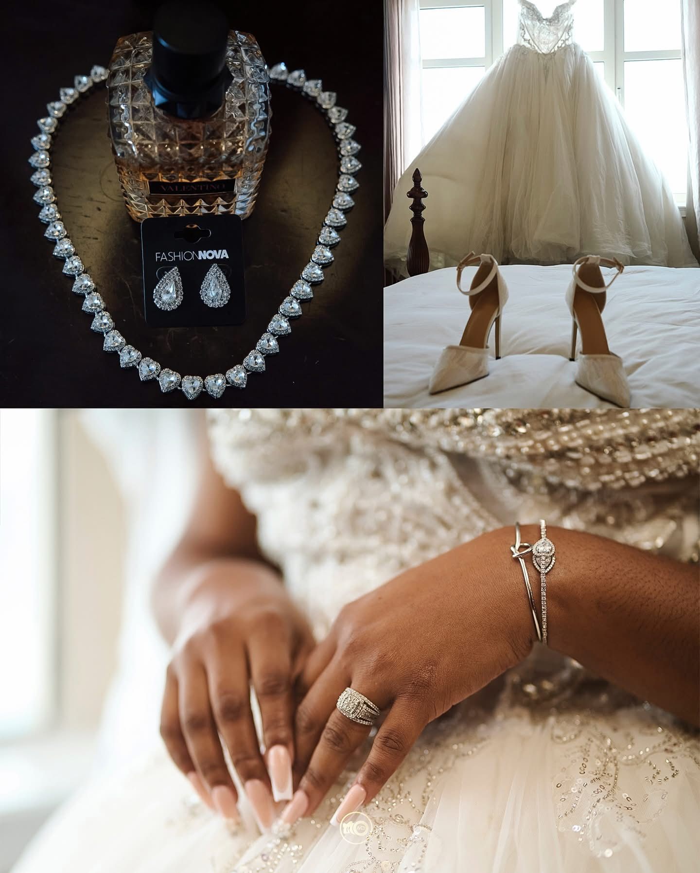 Wedding jewelry and accessories including necklaces, earrings and rings on display.