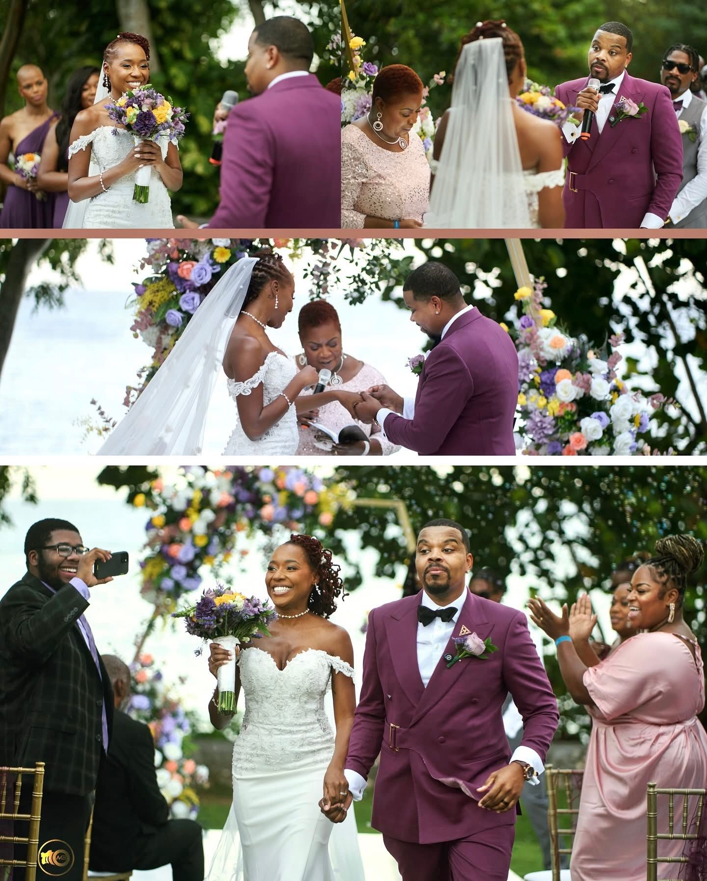 Wedding party in purple and white attire celebrating outdoors.