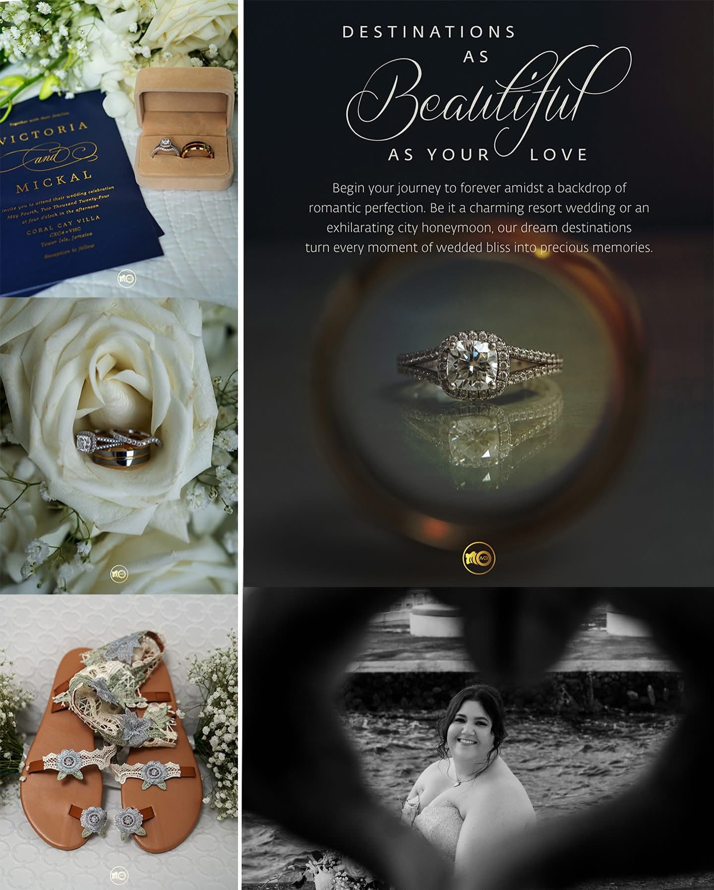 Wedding details featuring rings, roses and elegant typography on dark backgrounds.