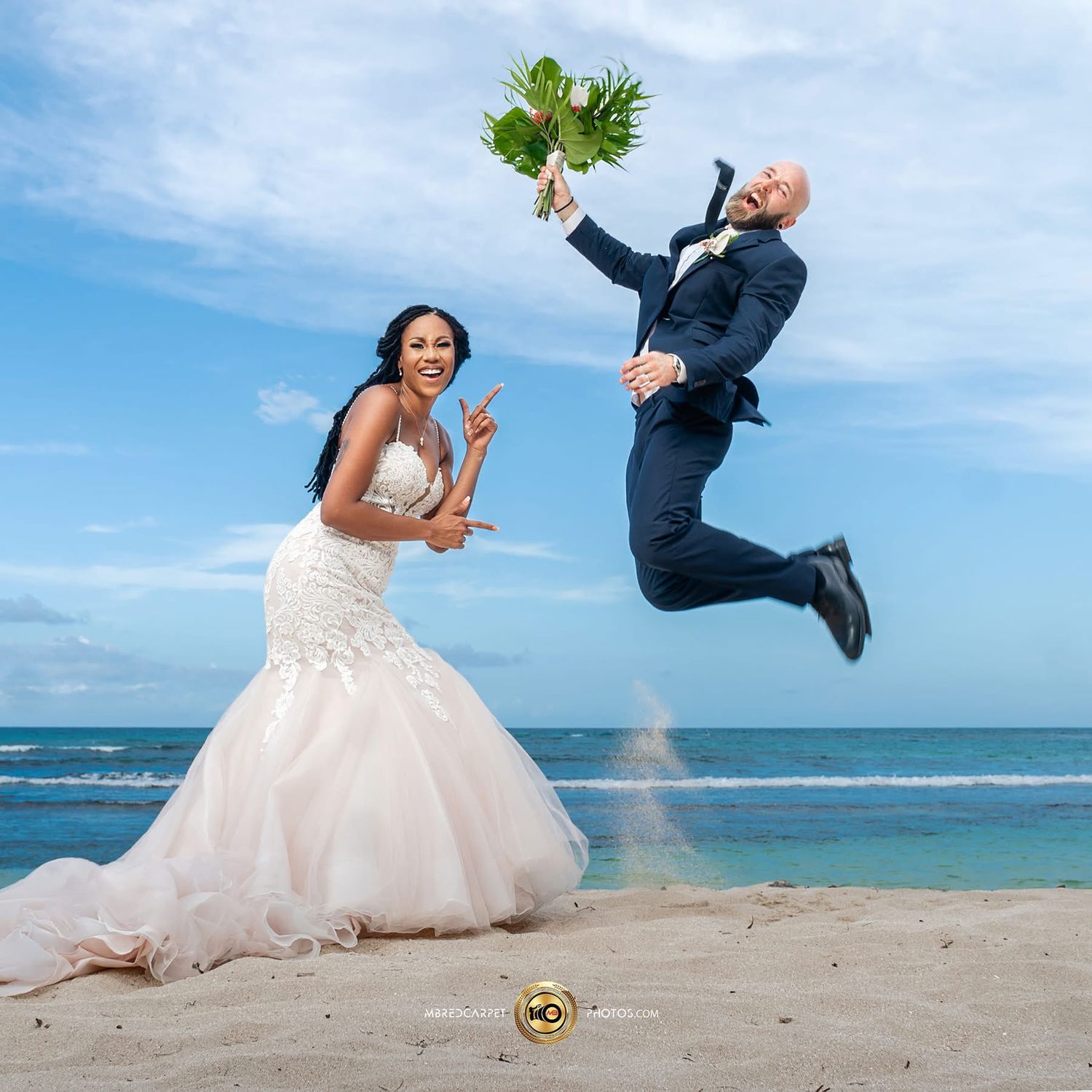 Wedding couple playfully poses for photos in sequence along a scenic beach with turquoise ocean and blue sky backdrop.