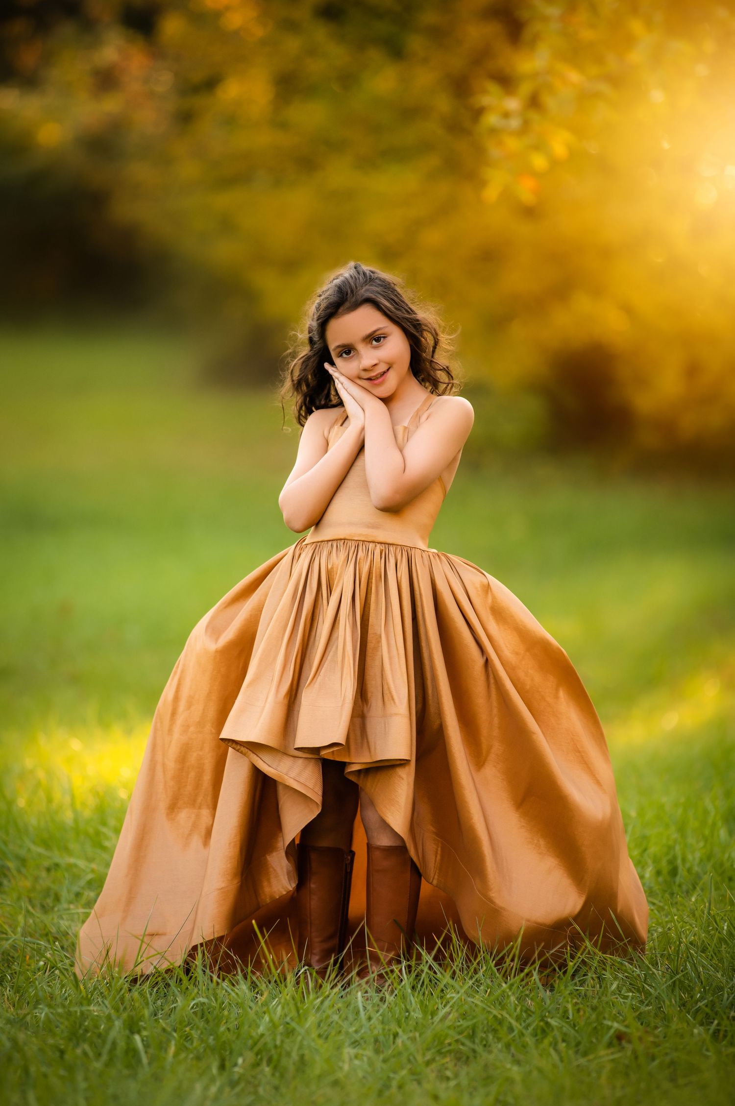 Cherry blossom garden scene with vintage wicker basket and flowing yellow dress.