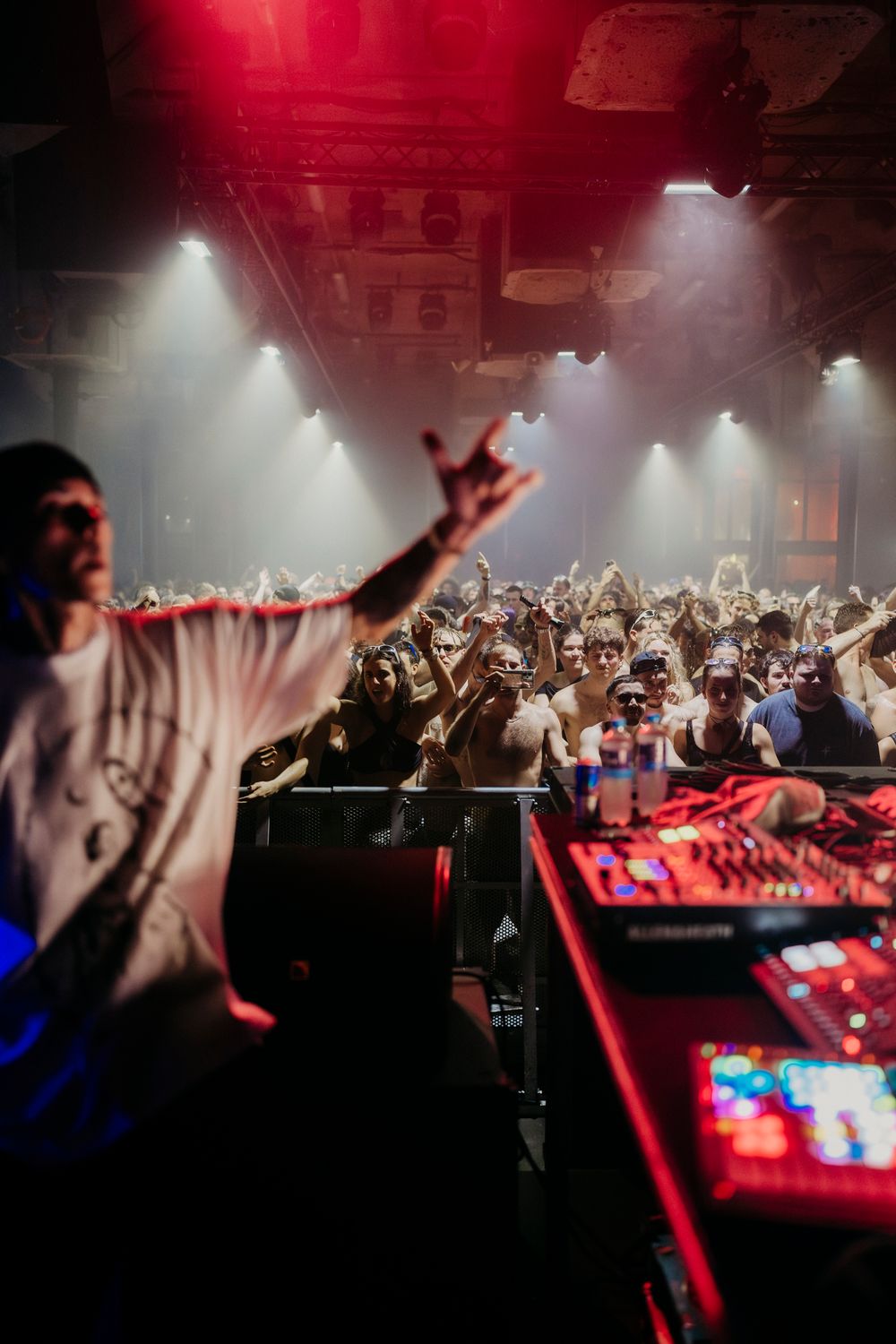 Enthusiastic crowd at electronic music show with red lighting and raised hands in foreground.