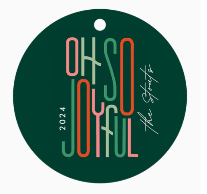 Modern Christmas ornament design with stylized 'Oh So Joyful' text in green and coral colors.