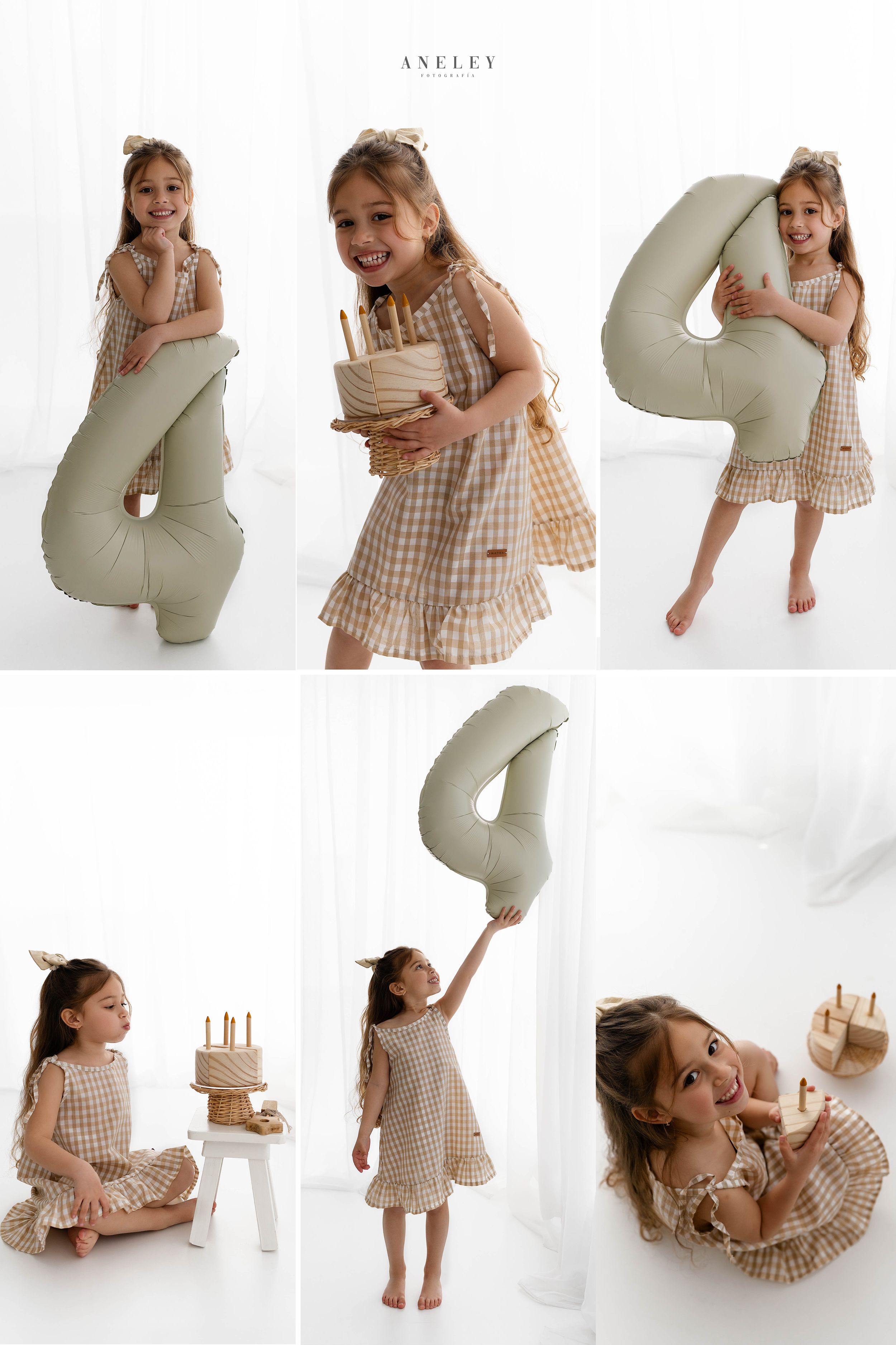 Birthday photo collection with number 4 prop and child in gingham dress.