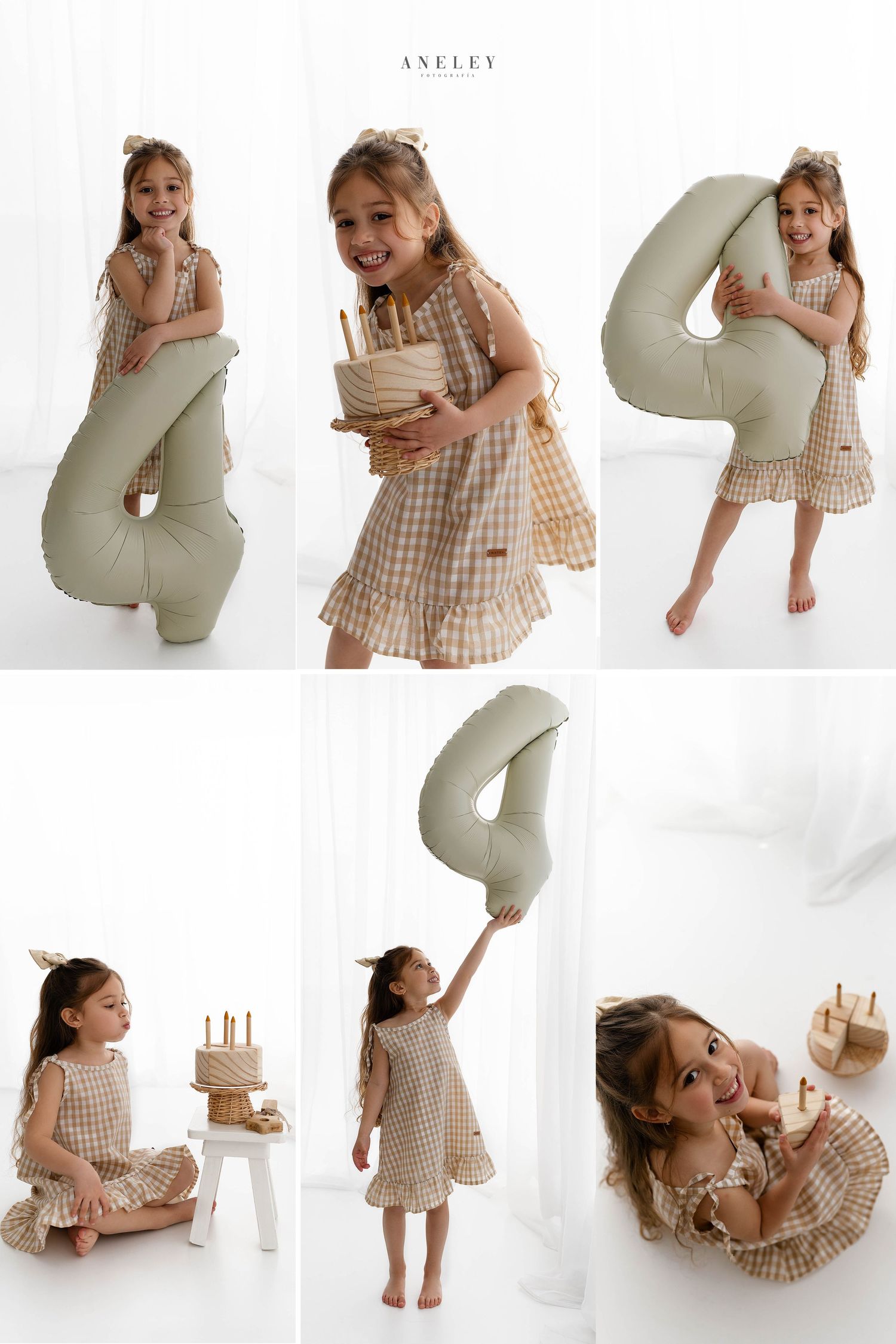 Birthday photo collection with number 4 prop and child in gingham dress.