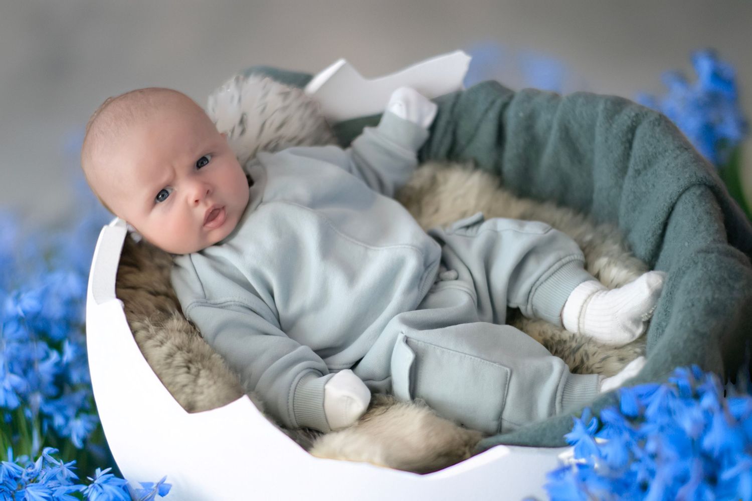 Young infant wearing grey attire rests peacefully in a white cradle surrounded by vibrant blue flowers.