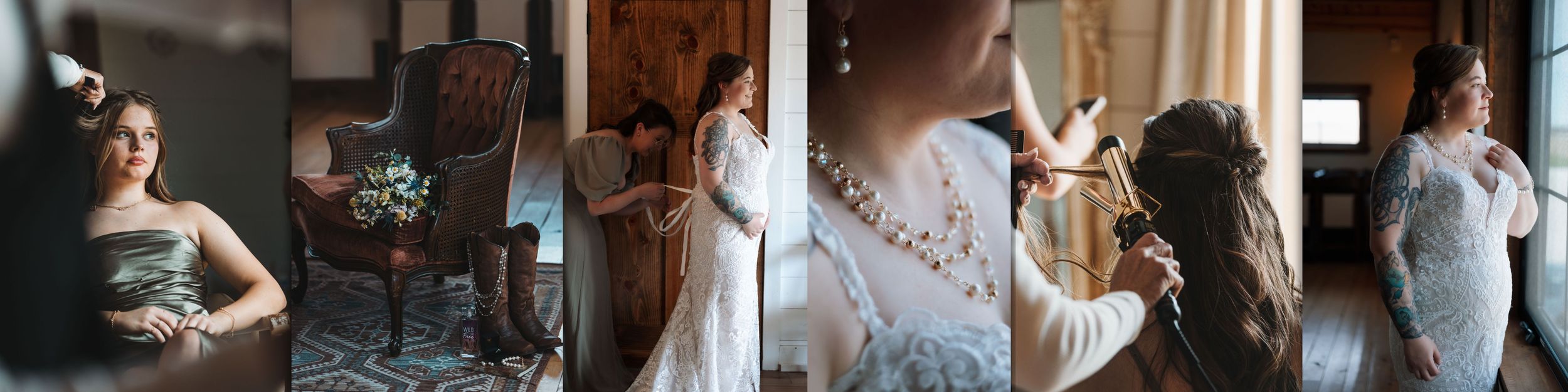 Person getting ready before a wedding inside a rustic room featuring vintage curtains and elegant decor.