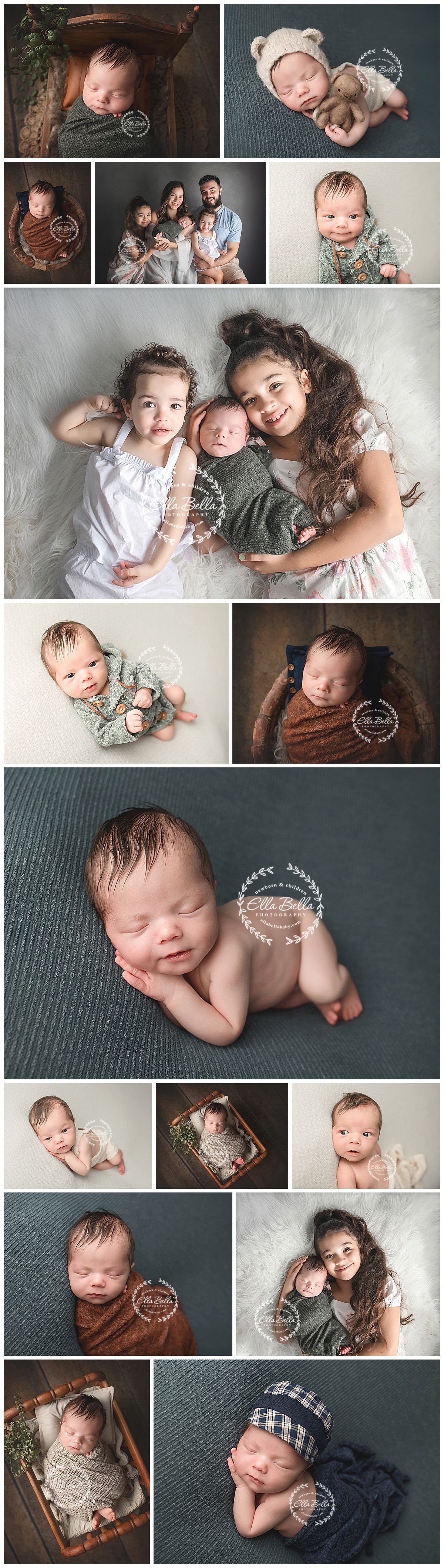 Newborn photography session features multiple poses and family portraits in soft, natural lighting and muted earth tones.