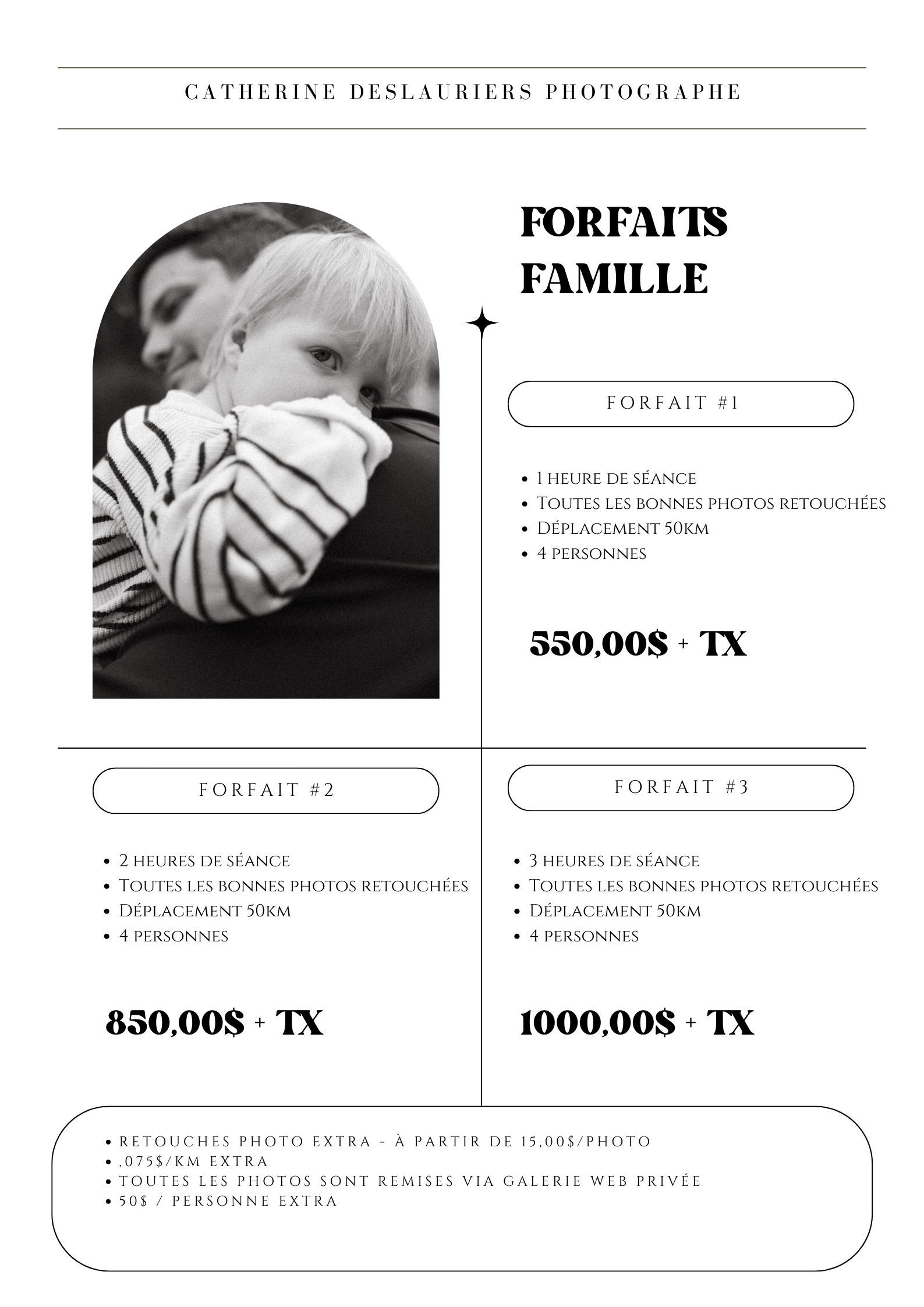 Black and white photography pricing menu showing family portrait packages with French text and pricing in Canadian dollars.