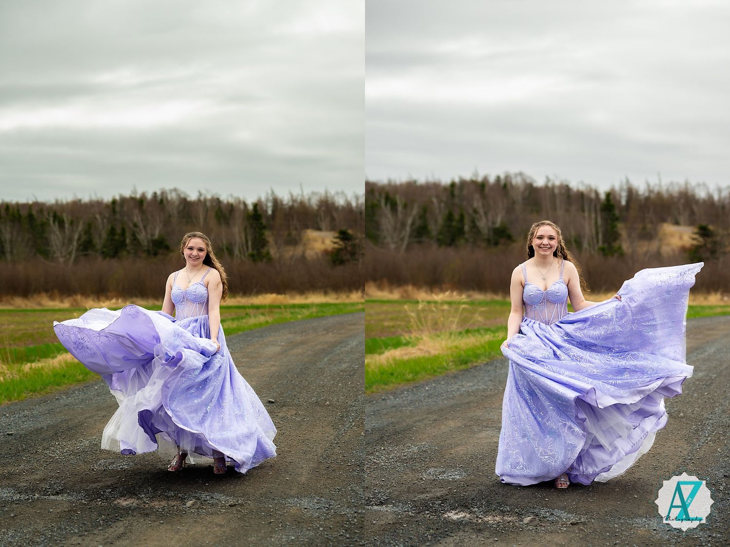 A flowing lilac gown billows dramatically against a rural road backdrop on an overcast day.