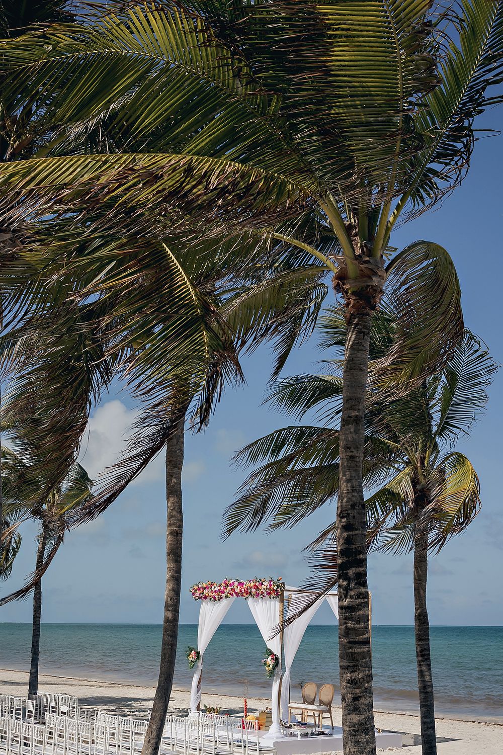 Palm trees sway over a white beach wedding arch decorated with pink flowers along a tropical shoreline.