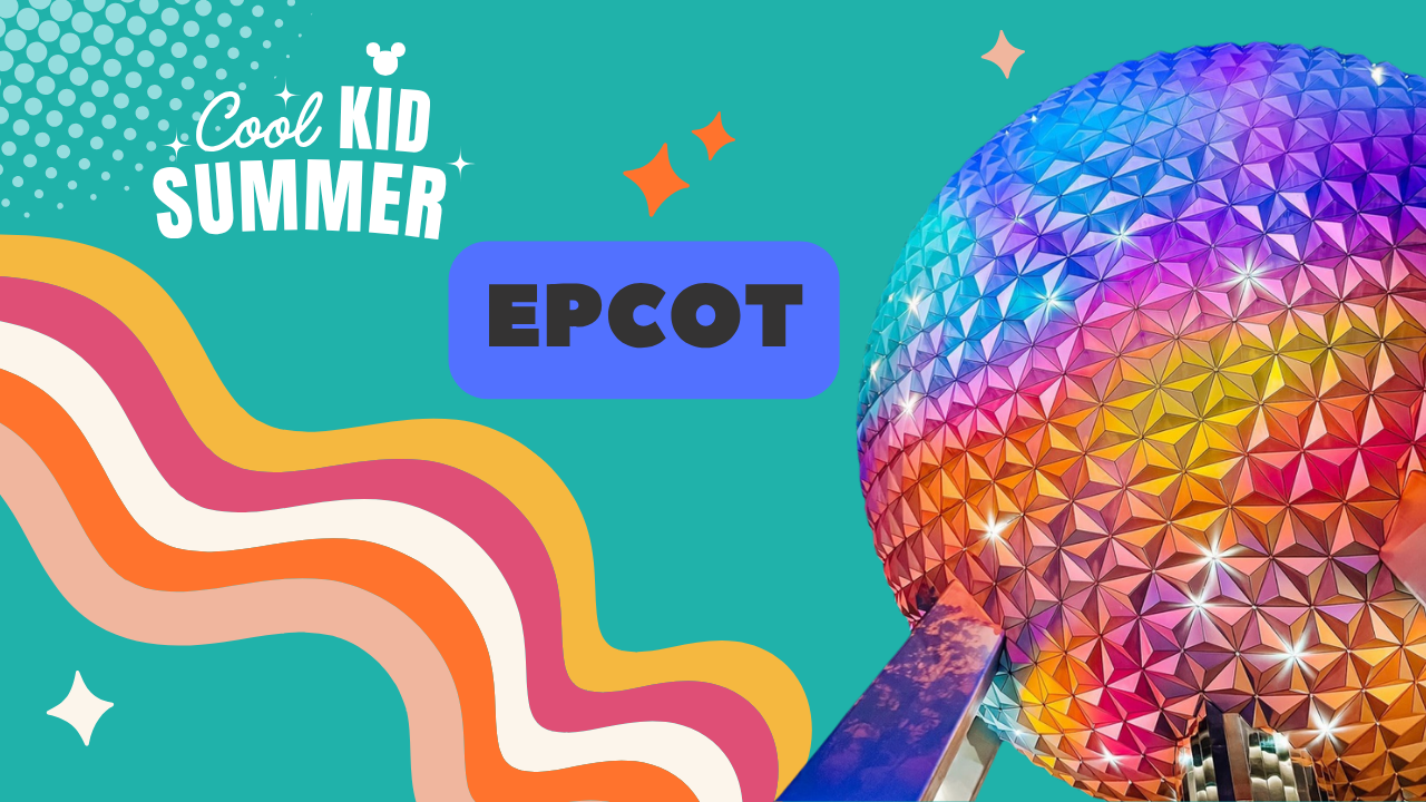 Stylized promotional graphic for Epcot featuring the iconic geodesic sphere against a teal background.
