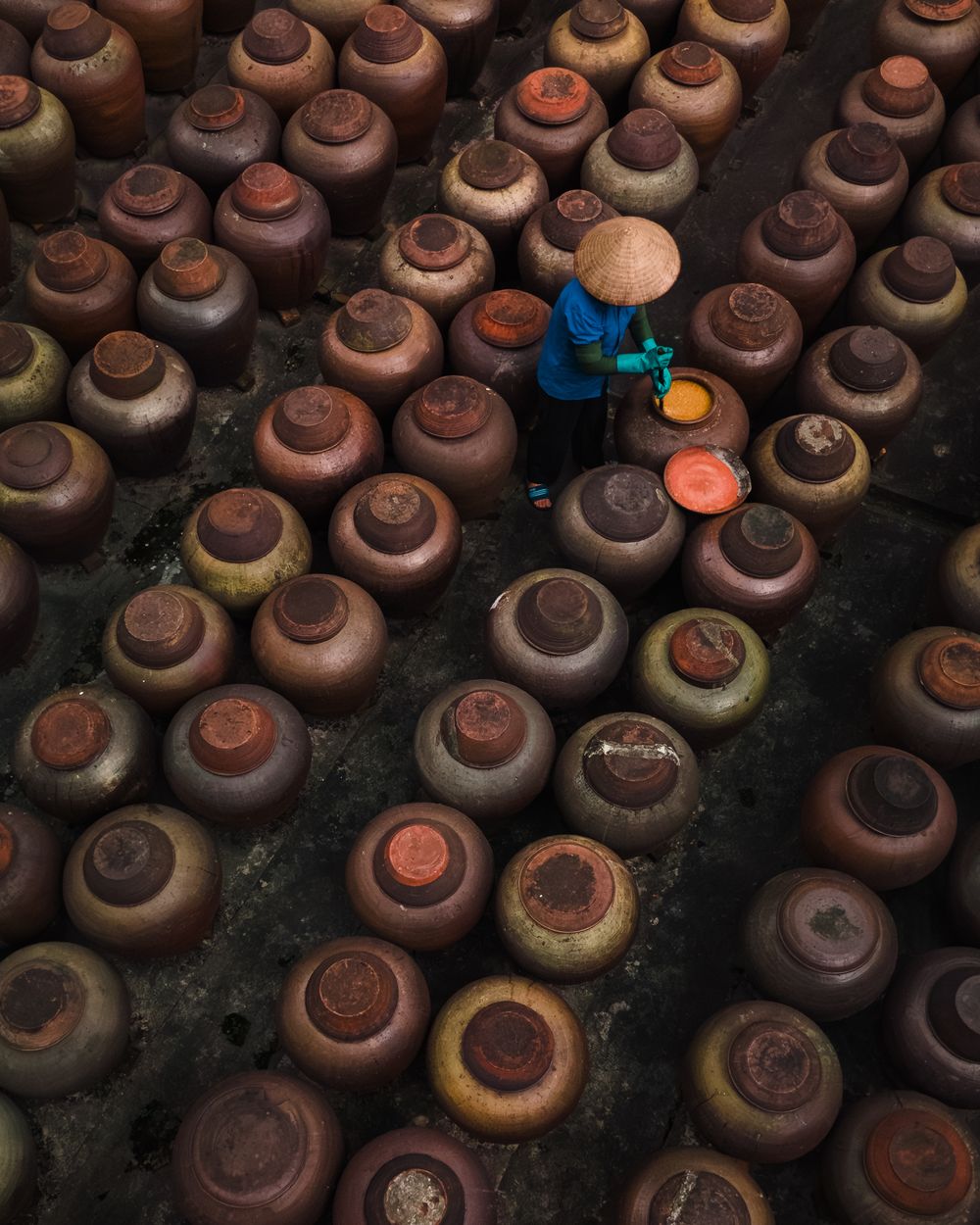 Aerial view of a worker in blue clothing among rows of traditional terracotta fermentation pots used in Asian sauce making.