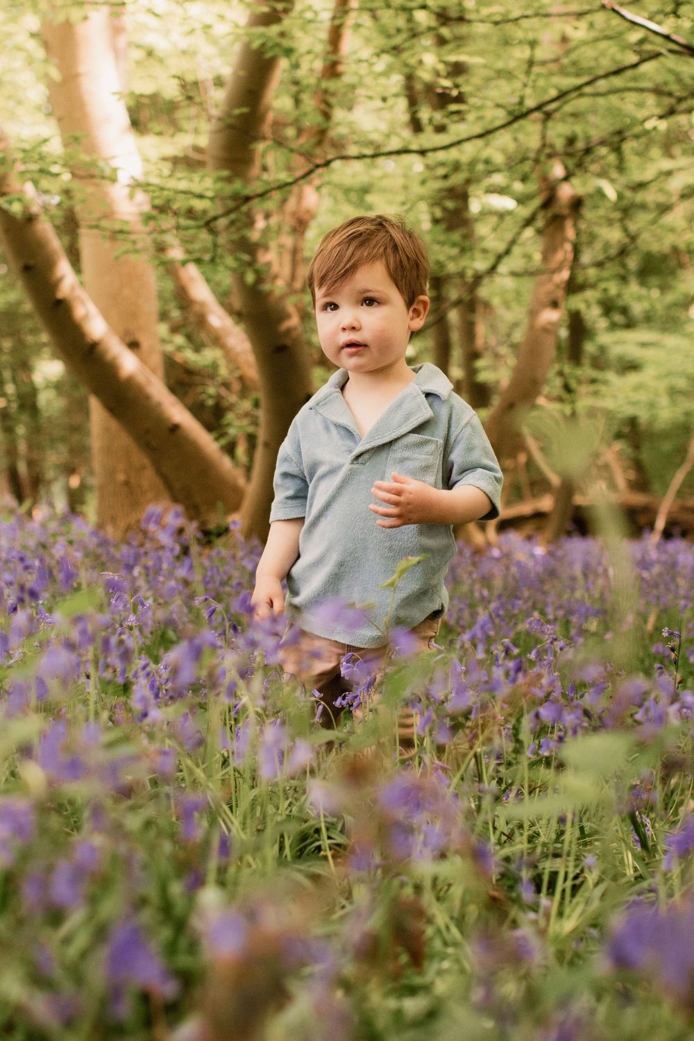 Young child exploring a field of purple wildflowers in a woodland setting.