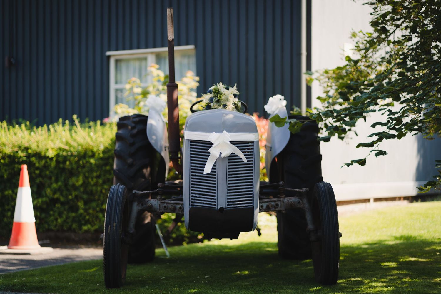Vintage tractor decorated with white ribbons for a special occasion.