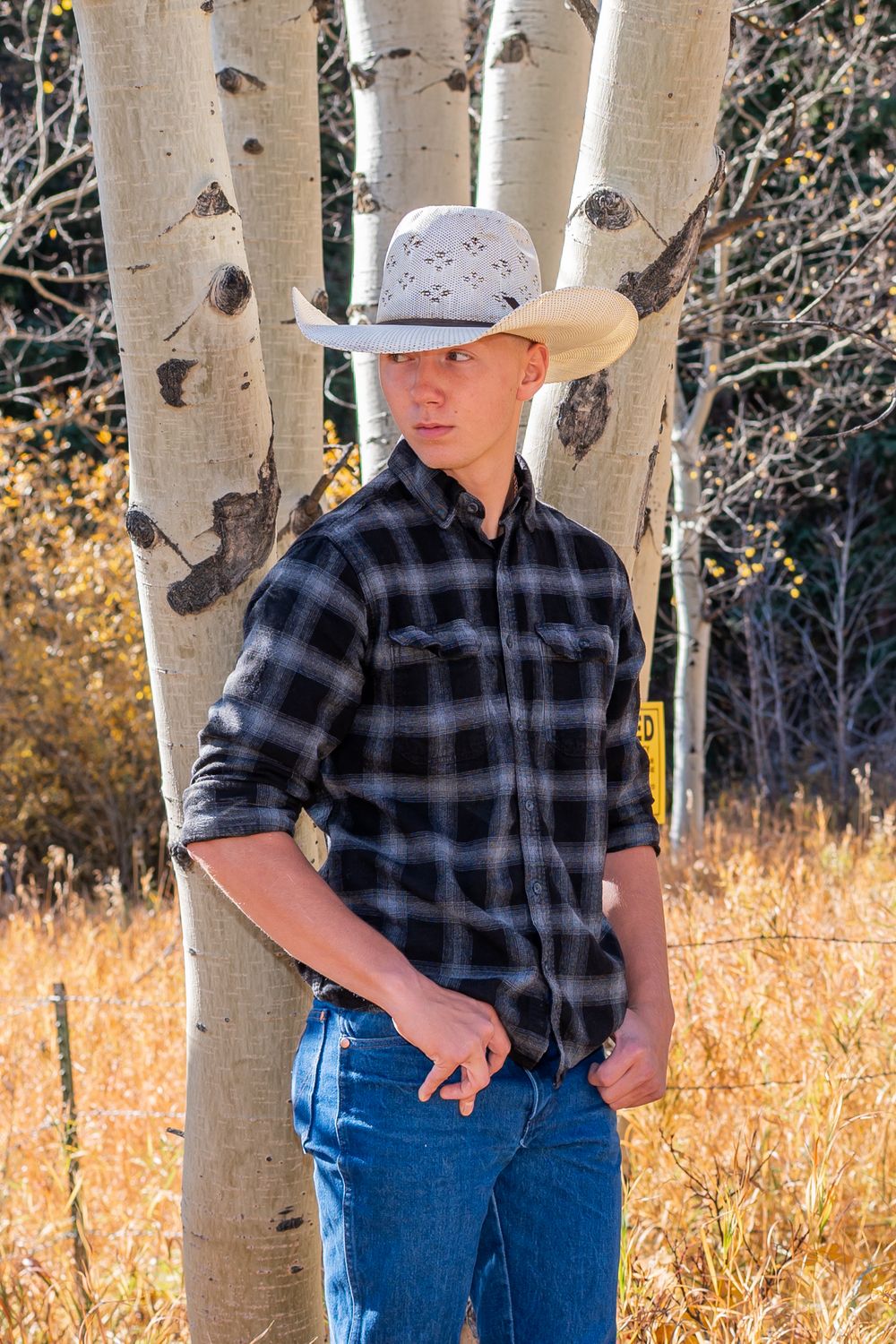 A cowboy in a plaid flannel shirt and felt hat stands against aspen trees in autumn lighting.