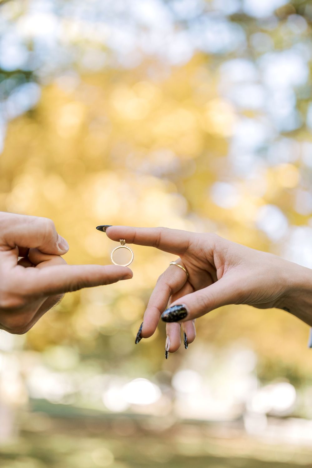 Close-up of hands exchanging a ring against blurred fall foliage.