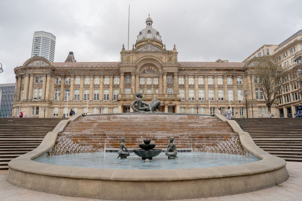 Historic Birmingham Council House building with grand architecture and fountain in foreground.