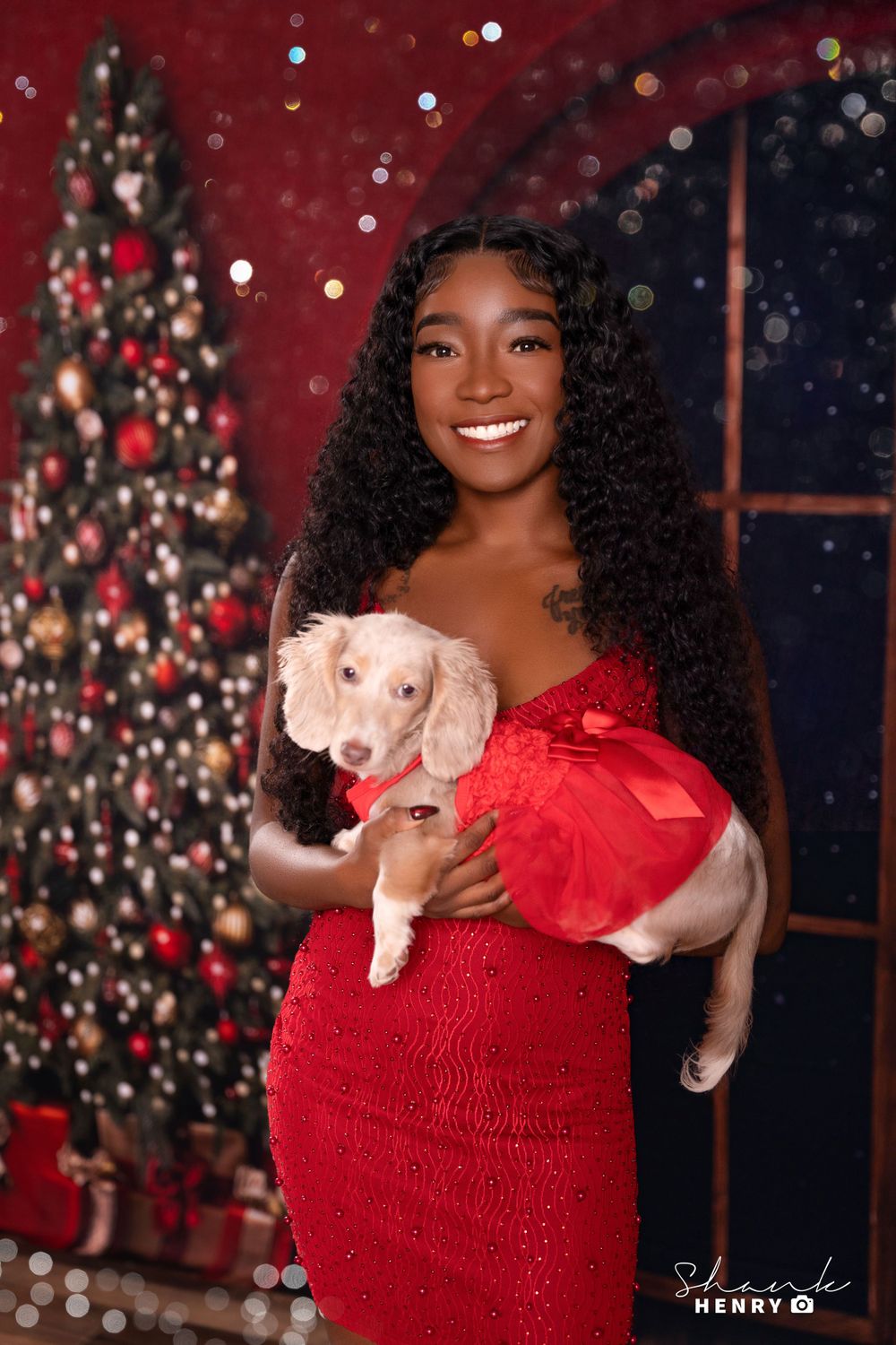 A festive holiday portrait featuring a red dress and small dog against a decorated Christmas tree background.
