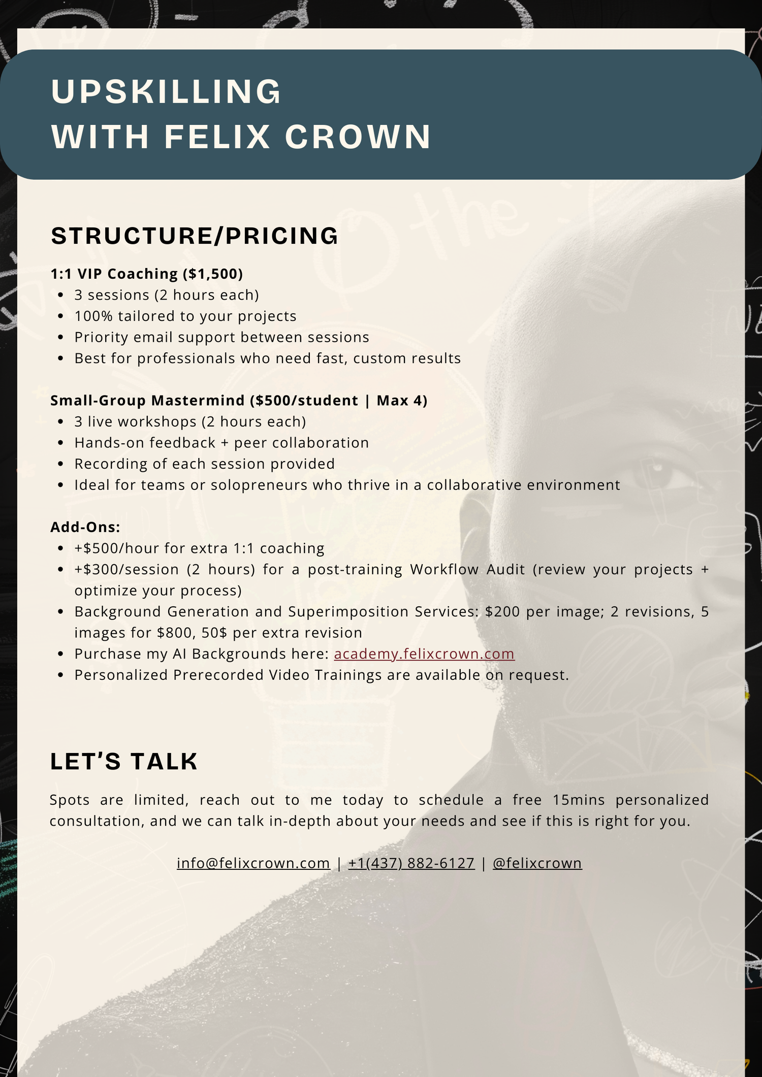 A business document displaying upskilling program details and pricing structure with dark teal header and white background.
