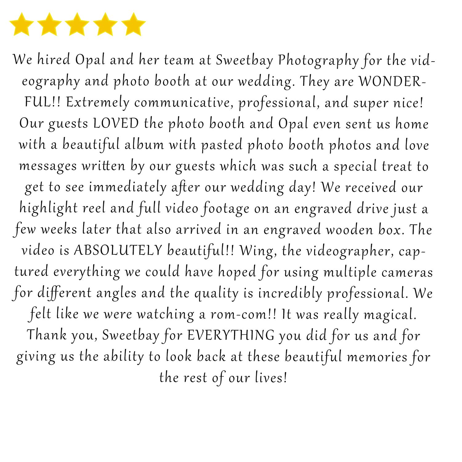 Detailed five star review about Sweetbay Photography's video and photo services for a wedding experience.