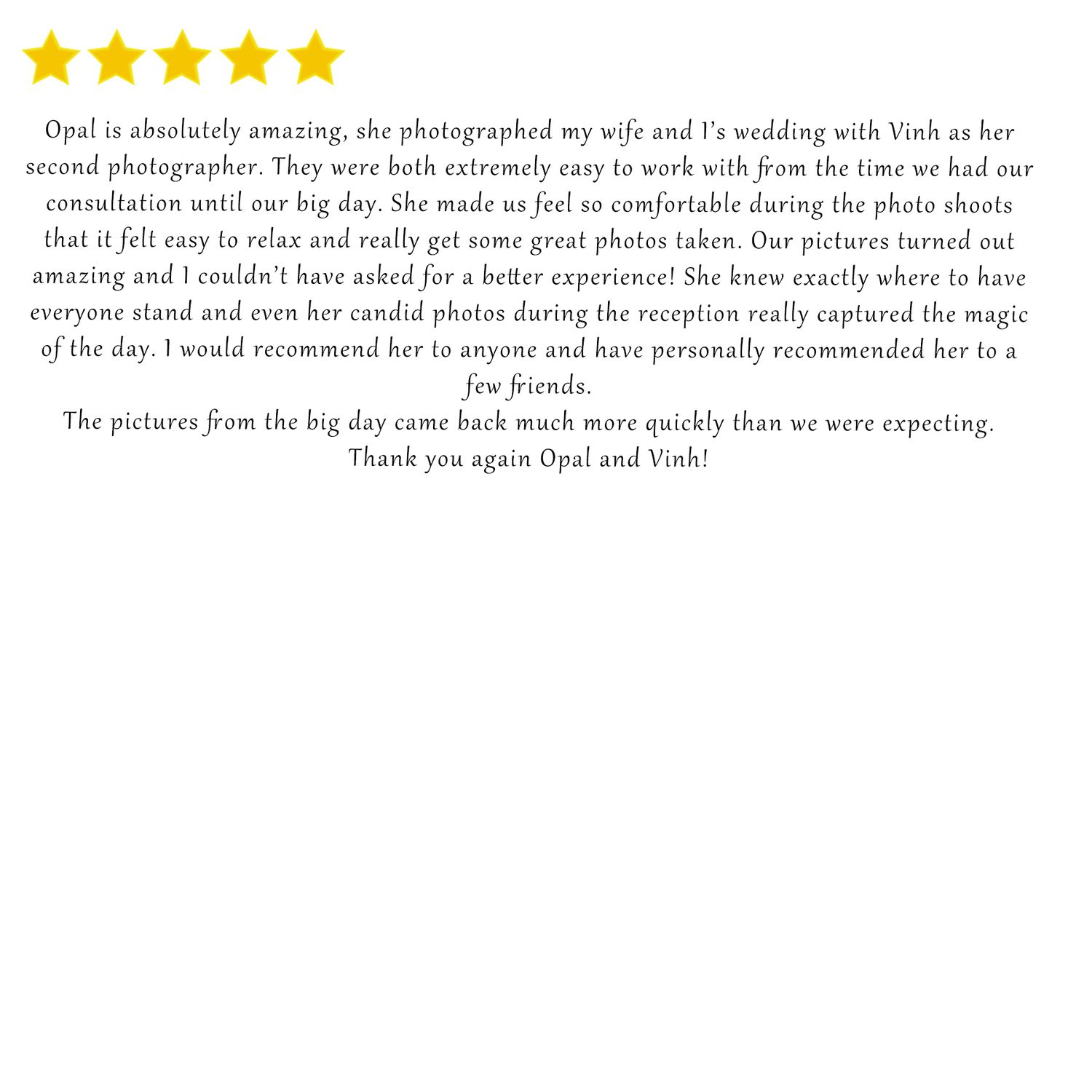 Wedding review praising the photographer's ability to make everyone comfortable and capture candid moments.