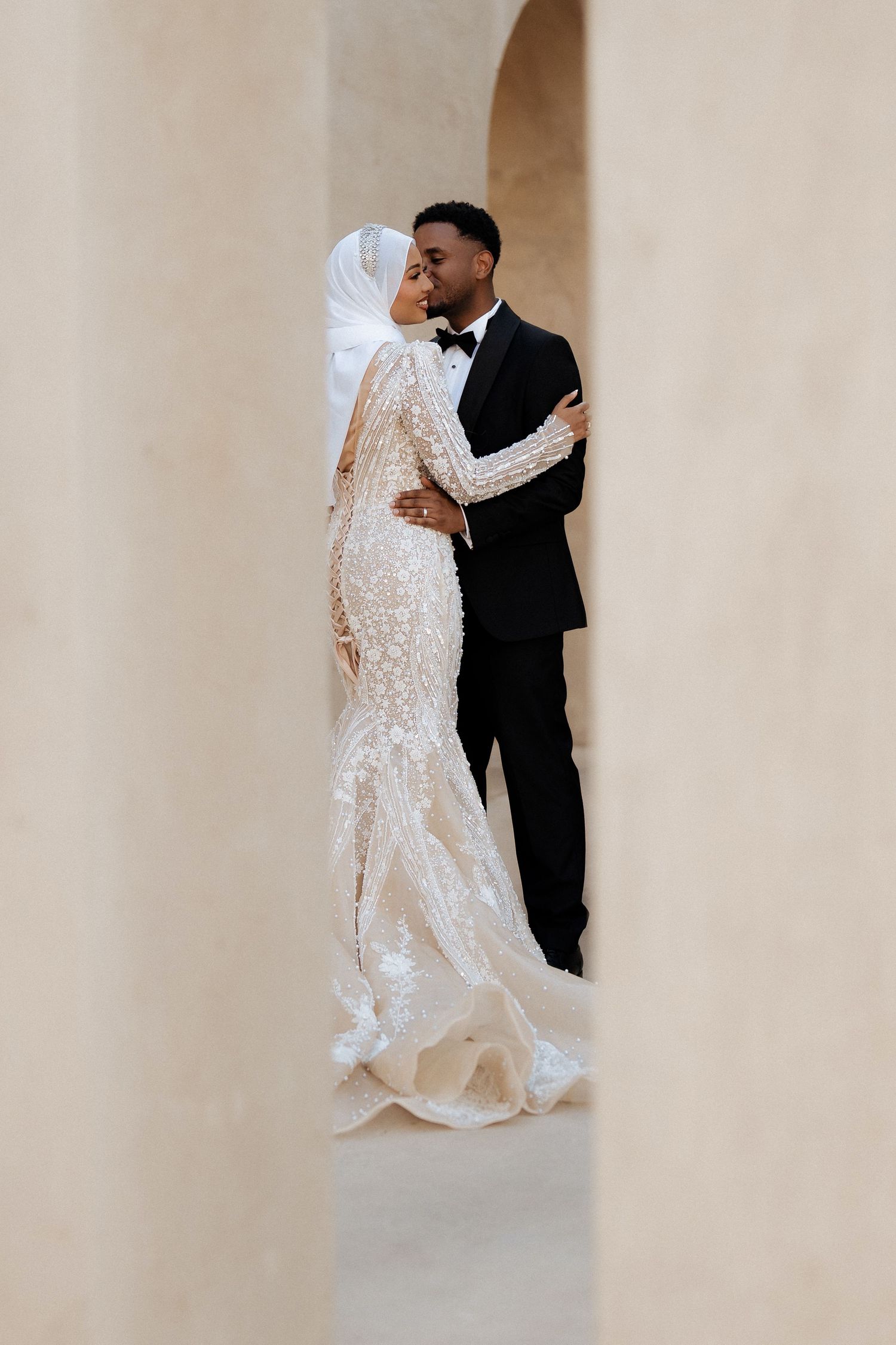 Pre-wedding photoshoot in Dubai – couple in wedding attire, romantic portrait