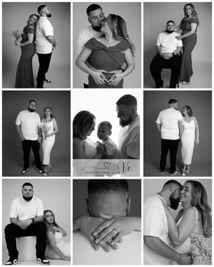A collection of black and white romantic couple photos showing tender moments, embraces and affectionate poses.