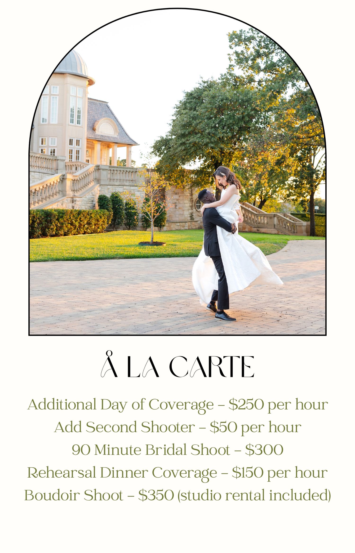 Add-ons include: extra hour of coverage, extra second shooter time, 90 min bridal shoot, rehearsal dinner coverage, boudoir shoot.