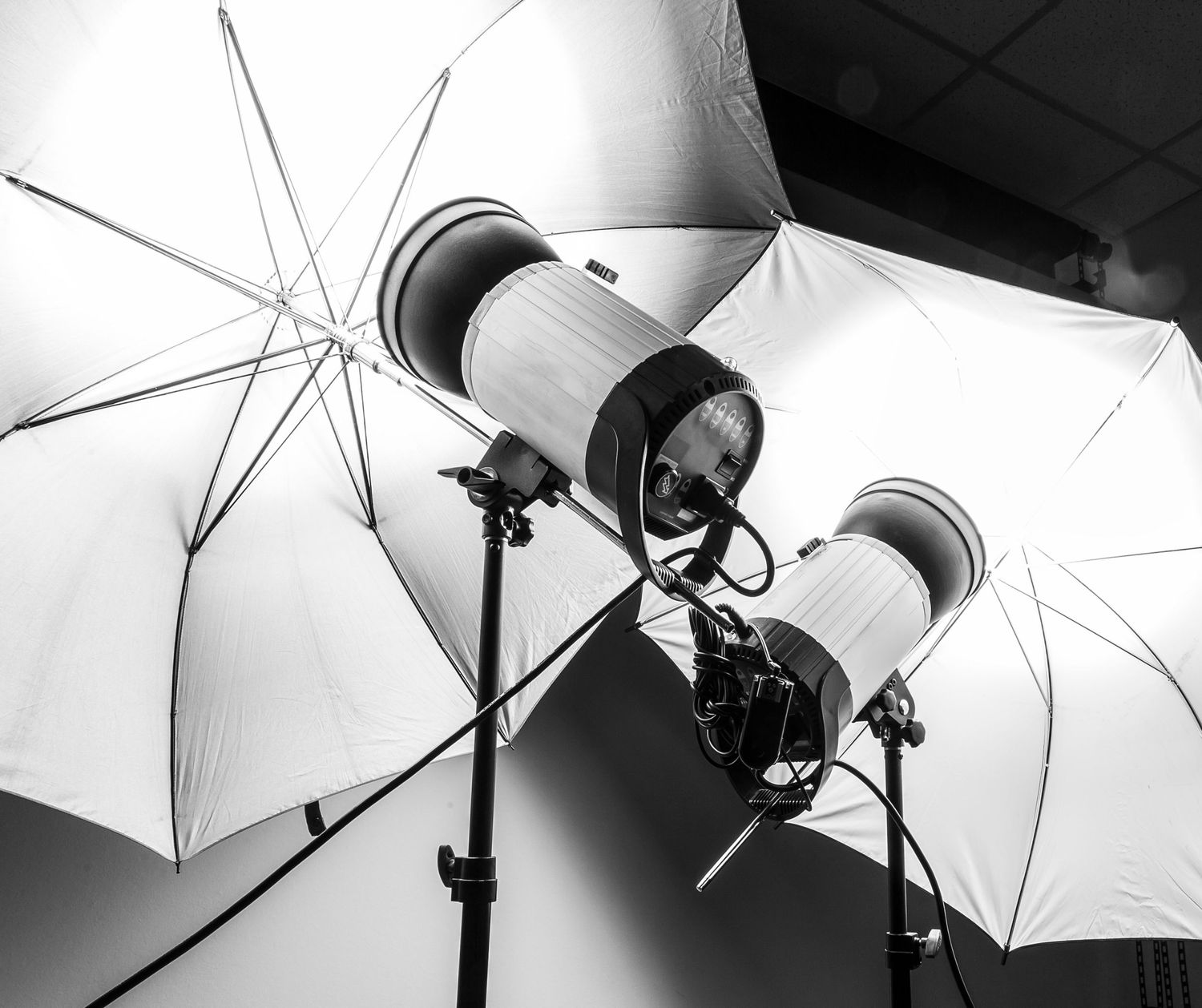 Two professional studio strobe lights with white umbrellas mounted on stands against a dark background.