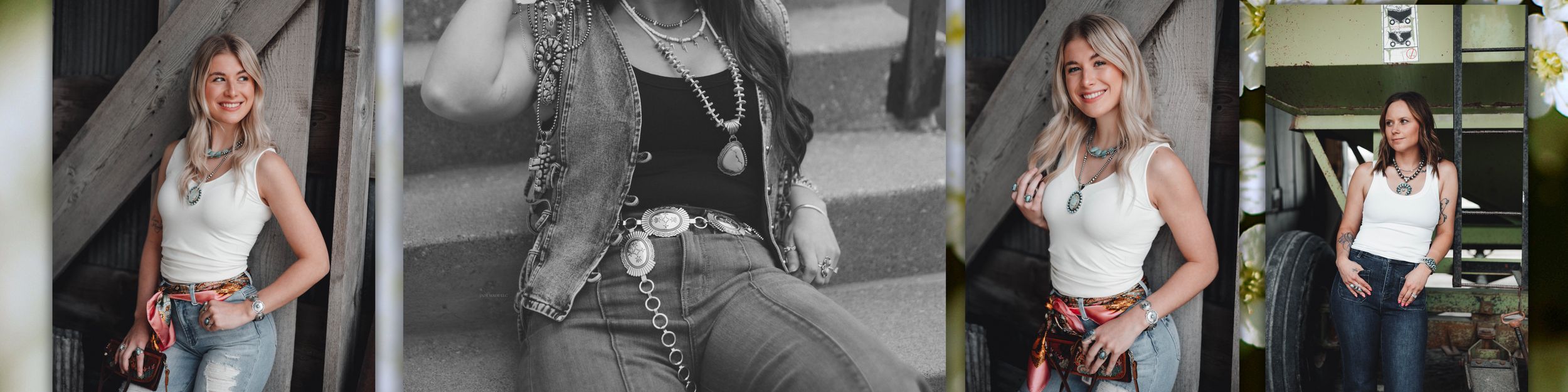 A person wearing a white tank top and jeans poses casually in a lifestyle fashion photography collage.