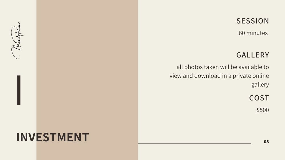 A minimalist beige photography pricing sheet showing session details and investment costs.