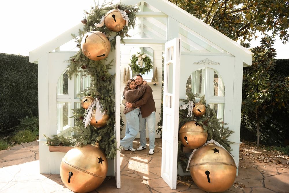 A collection of five images showing a rustic porch decorated with seasonal wreaths and large copper bells.