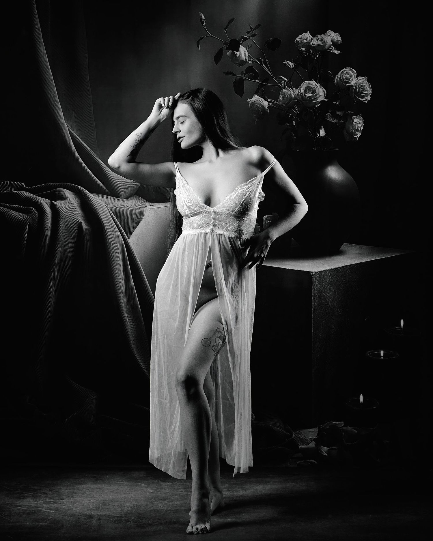 David G Holt Photography - Romantic black and white photo with flowing dress and floral arrangement.