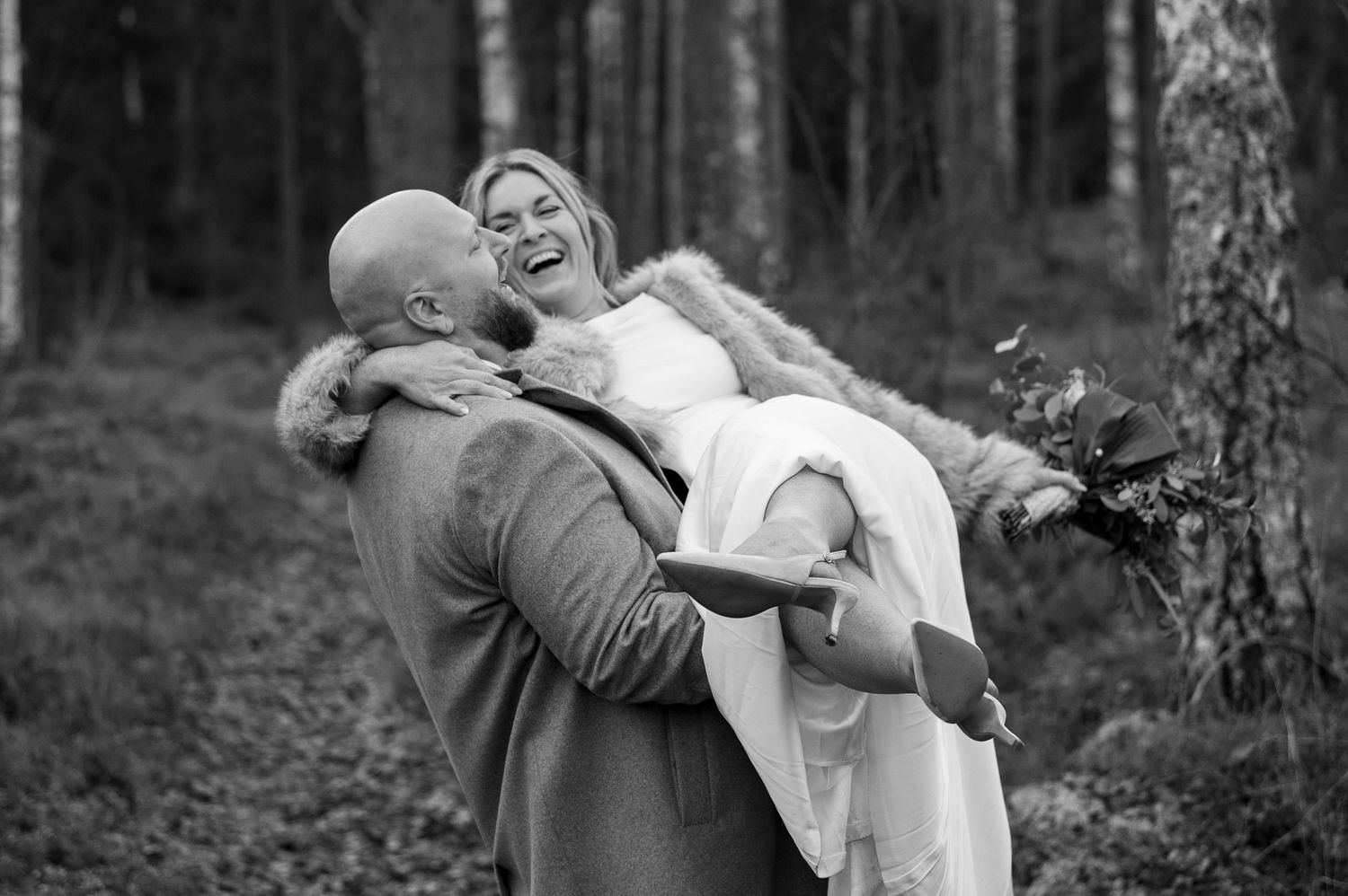A black and white photo sequence shows a couple embracing and dancing together in a wooded outdoor setting.
