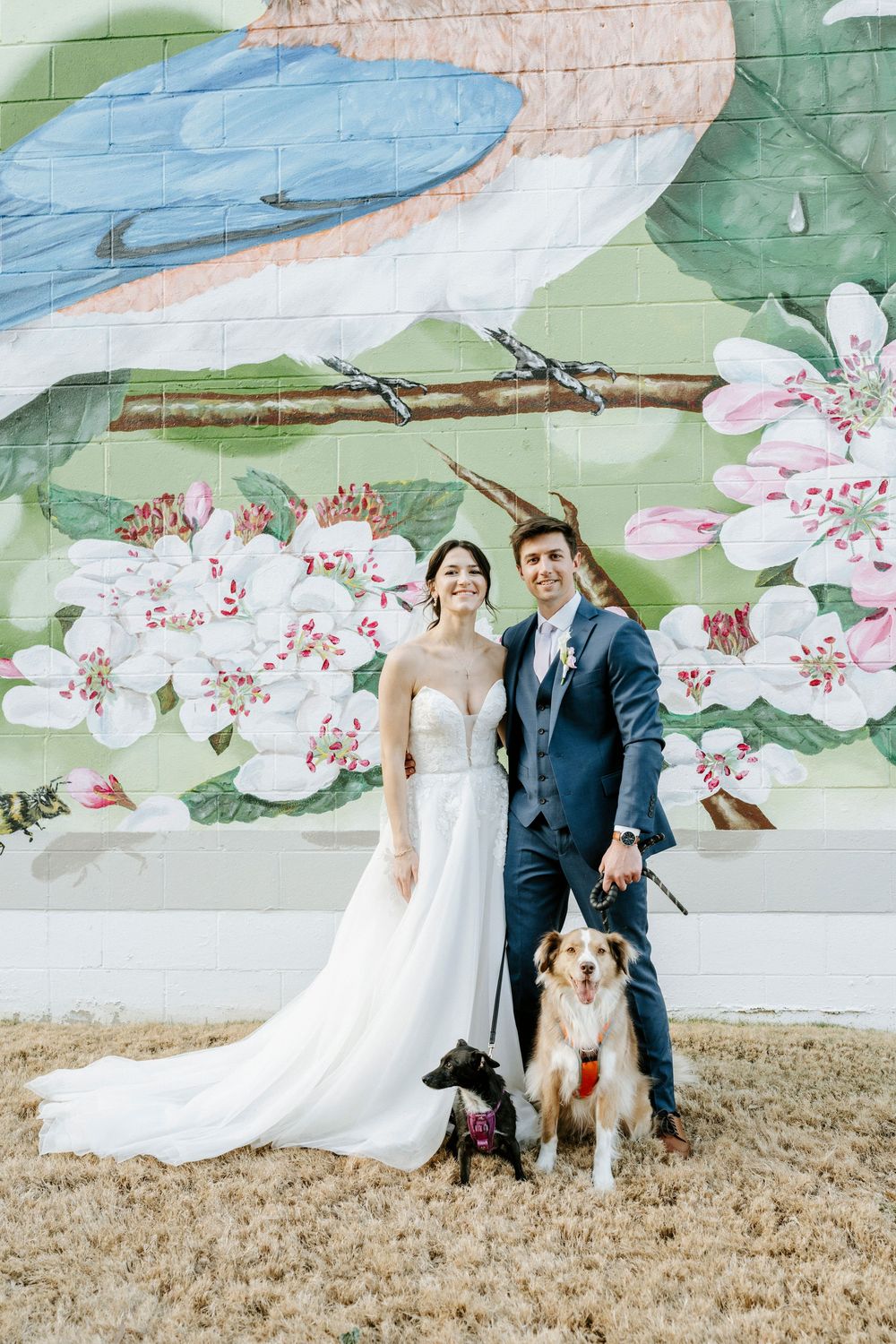 A wedding couple poses with their dog in front of a mural featuring cherry blossoms and mountains.