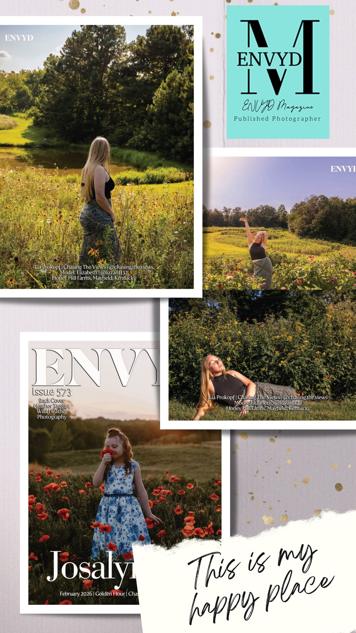 A collage of outdoor photography showing people in wildflower fields and meadows during golden hour with magazine-style layouts.