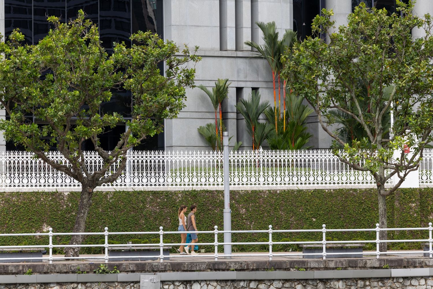 A white picket fence and railing line a waterfront path with manicured trees and a building facade in the background.