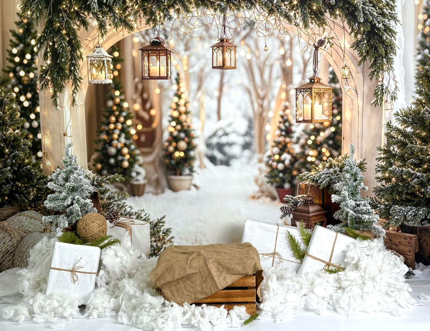 A series of winter porch scenes with lanterns, snow-covered trees, and twinkling Christmas lights create a cozy holiday atmosphere.