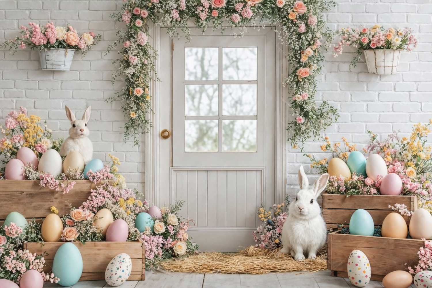 Spring Easter backdrop with pastel eggs, floral arrangements, and rustic decor against white brick wall.