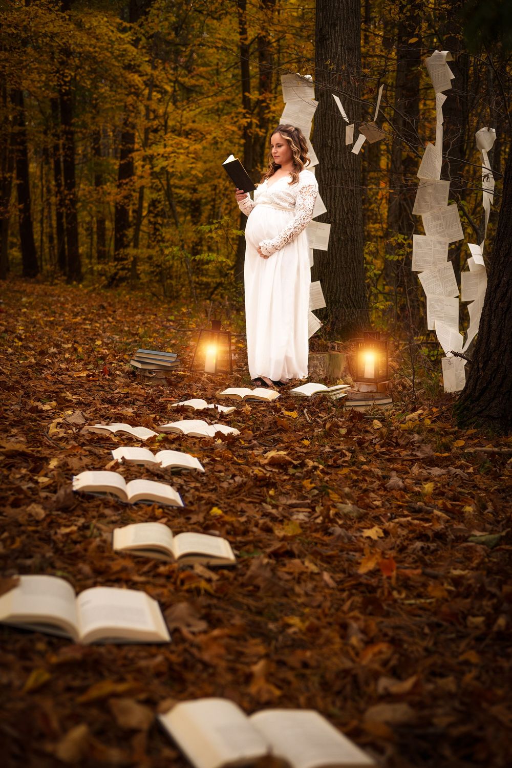Enchanting autumn forest scene with floating books and glowing candles along a path lined with fallen leaves.