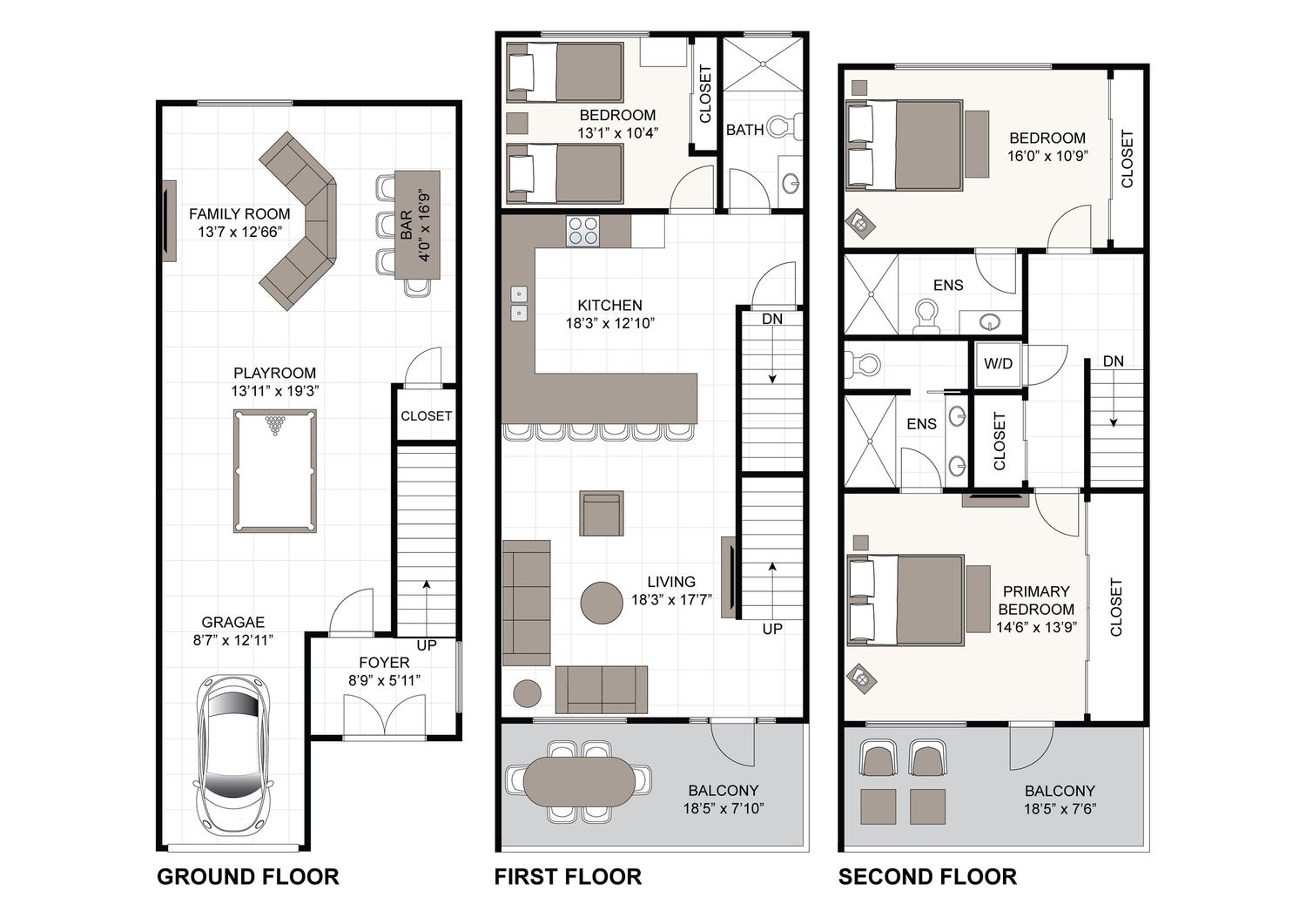 Three-story townhouse floor plan showing ground floor garage, first floor living areas, and second floor bedrooms with bathrooms.