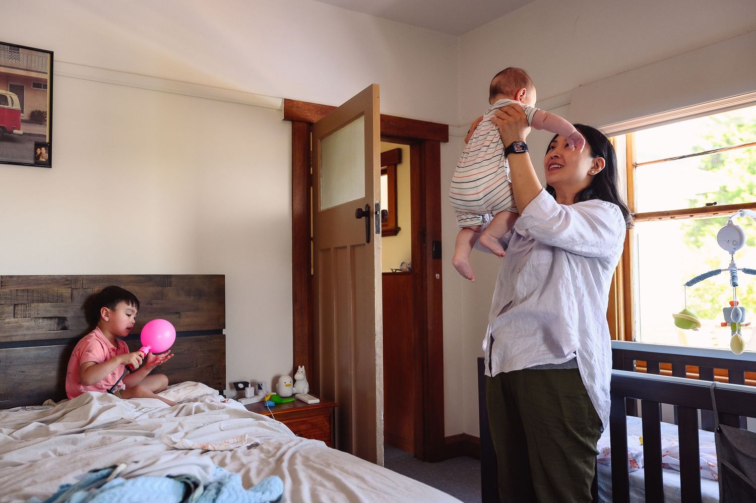 A series of five connected images showing someone drinking from a water bottle in different rooms of a house.