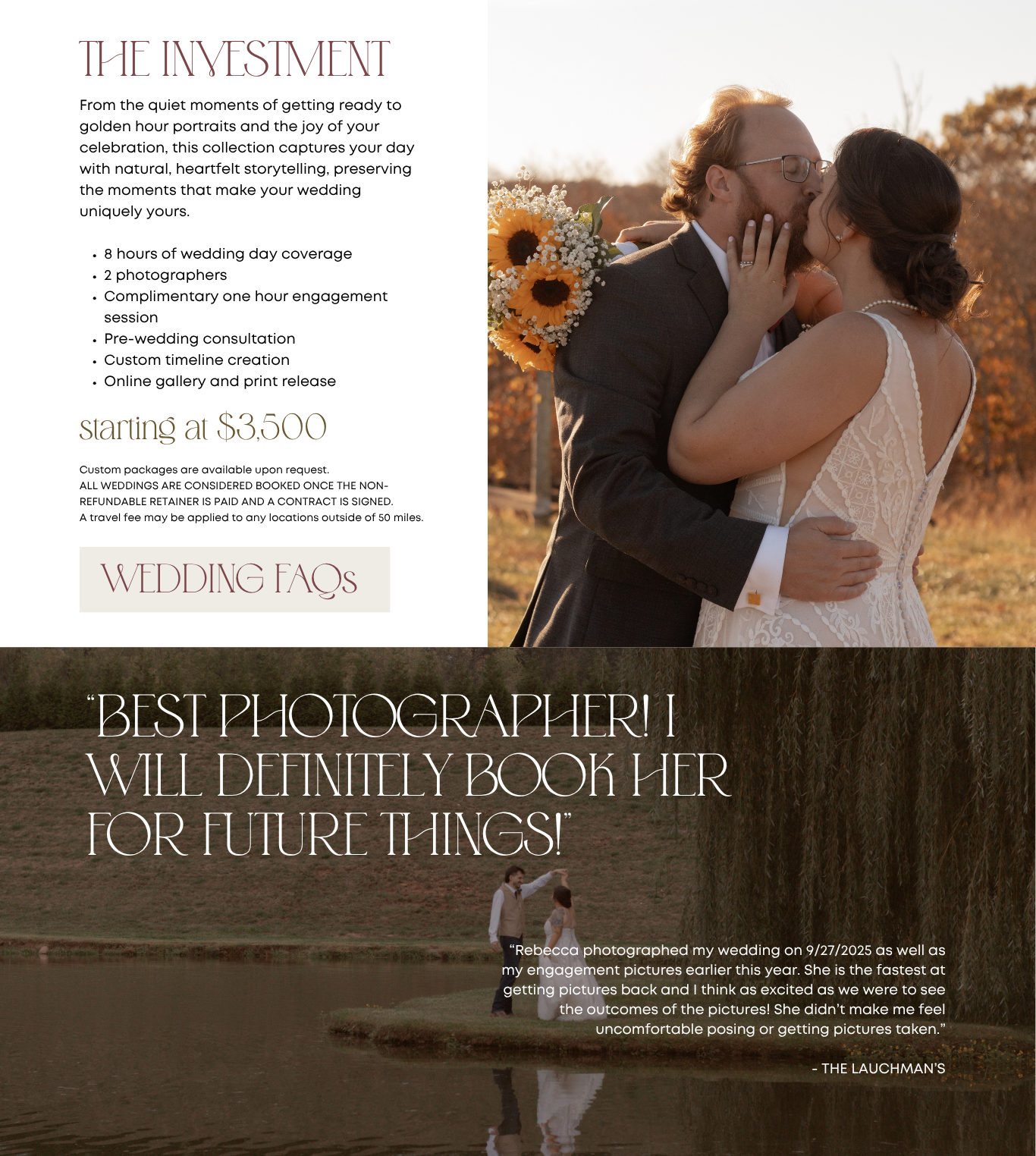 Wedding photography marketing collage showing testimonials, pricing details and romantic couple portraits.