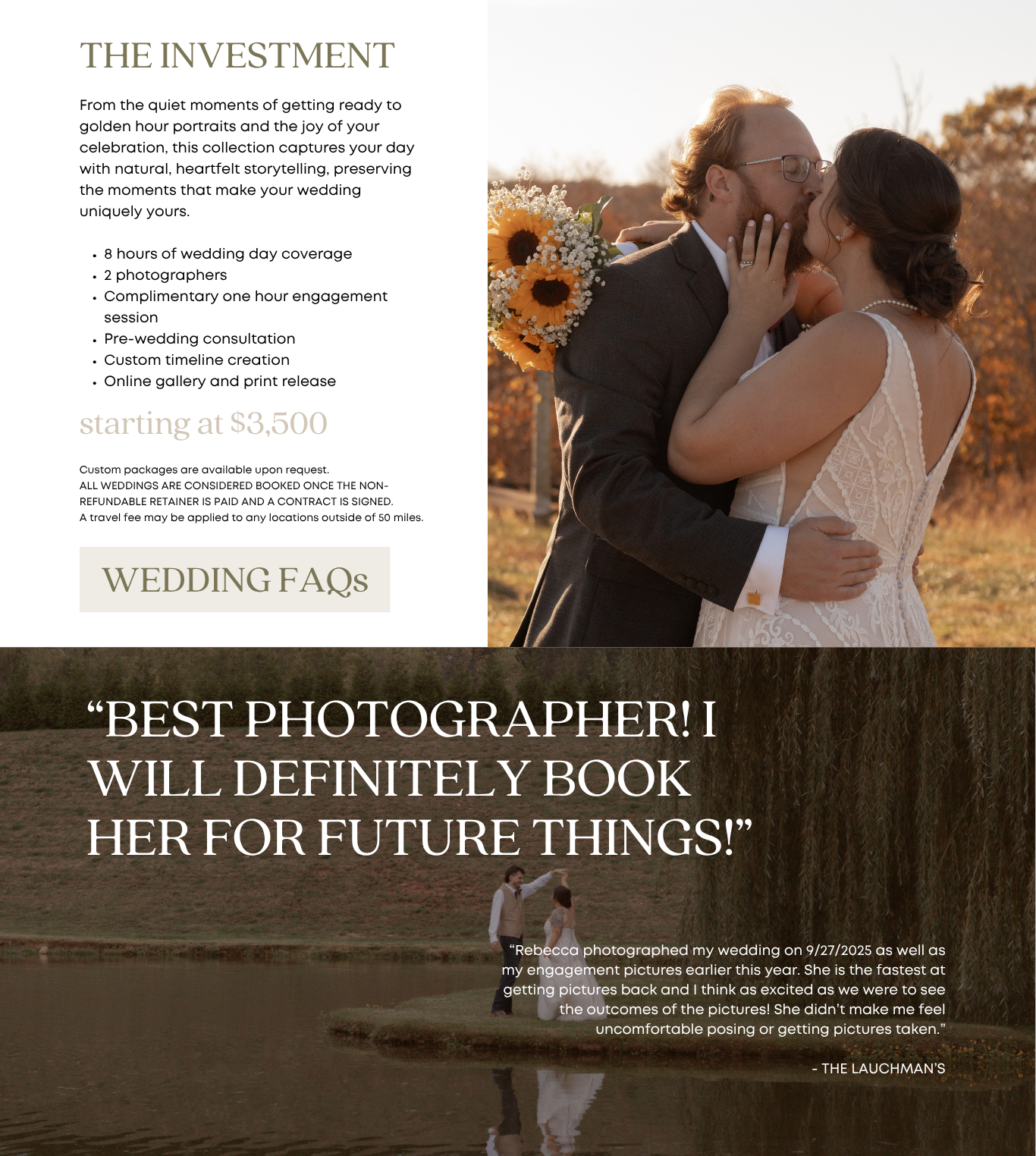 Wedding photography marketing collage showing testimonials, pricing details and romantic couple portraits.