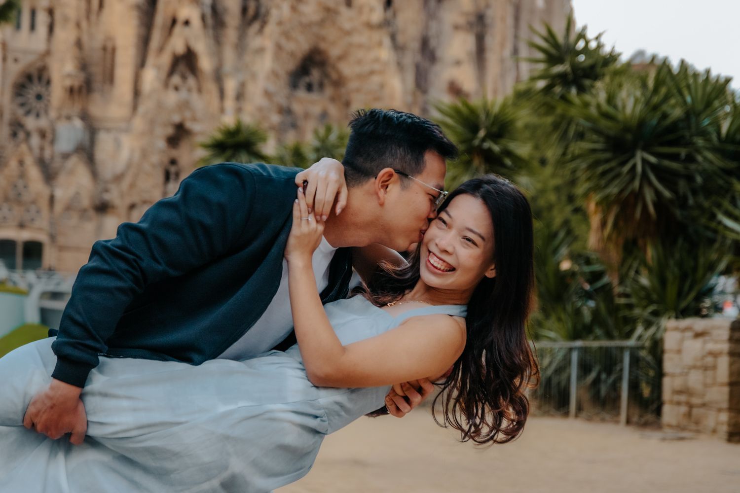 Passion side garden view Sagrada Familia engagement photos Barcelona